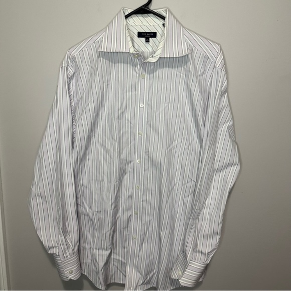 Men’s Ted Baker London Size 17 34/35 Purple Striped Long Sleeve Button Down